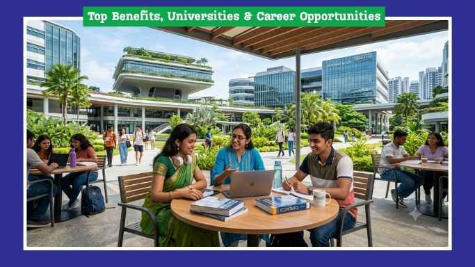 Indian students studying at a modern Singapore university campus